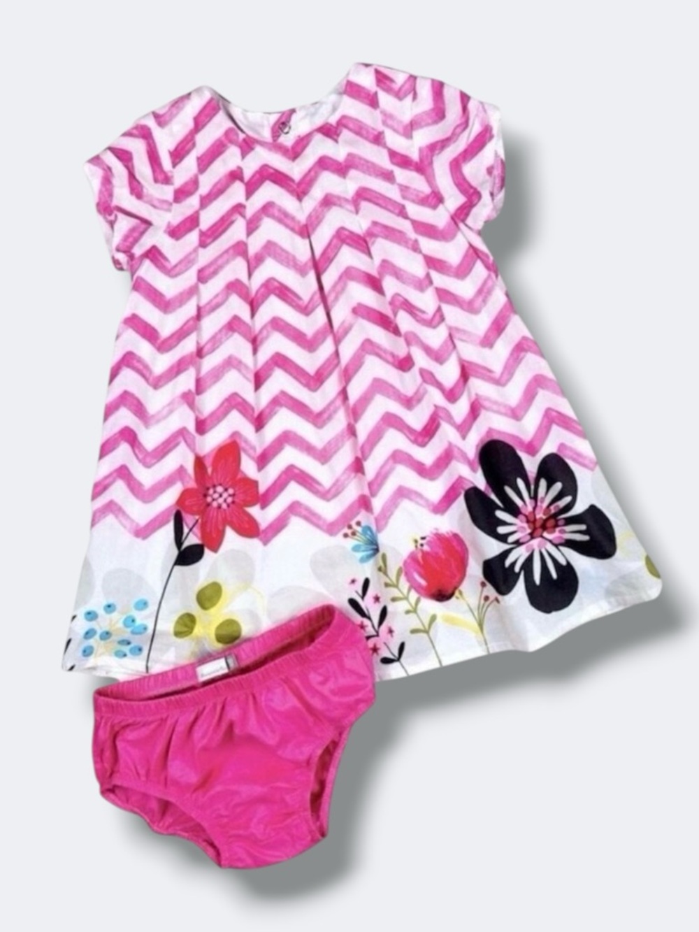 Catimini Dress Set Baby 18M Pink Chevron Floral Bloomer Cotton Spring Outfit